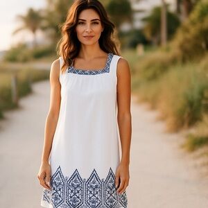 J. Jill White Linen Dress with Blue Embroidery Square Neckline Medium